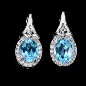 Irradiated Oval Swiss Blue Topaz 9x7mm Simulated Cz 925 Sterling Silver Earrings