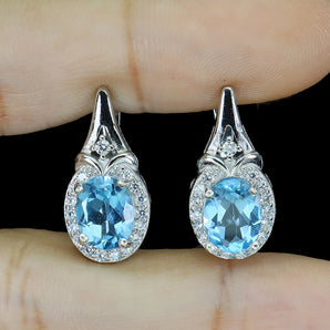 Irradiated Oval Swiss Blue Topaz 9x7mm Simulated Cz 925 Sterling Silver Earrings