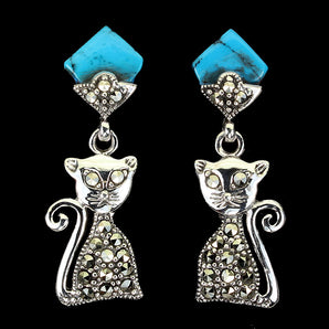 Stabilized Fancy Cab Turquoise 10x8mm Marcasite 925 Sterling Silver Cat Earrings