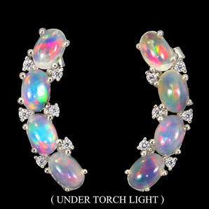 Unheated Oval Fire Opal Rainbow 6x4mm Simulated Cz 925 Sterling Silver Earrings