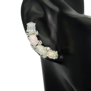 Unheated Oval Fire Opal Rainbow 6x4mm Simulated Cz 925 Sterling Silver Earrings