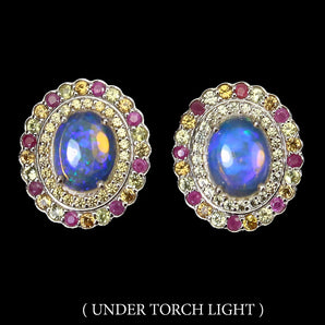 Unheated Oval Fire Opal 9x7mm Sapphire Diamond Cut 925 Sterling Silver Earrings