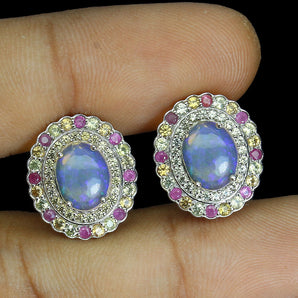 Unheated Oval Fire Opal 9x7mm Sapphire Diamond Cut 925 Sterling Silver Earrings