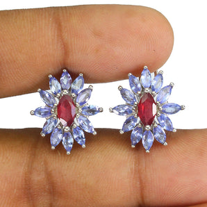 Heated Marquise Red Ruby 8x4mm Tanzanite 925 Sterling Silver Earrings