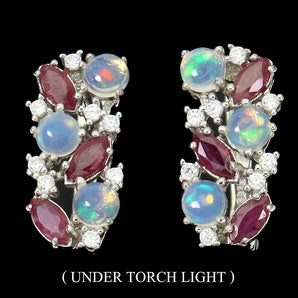 Unheated Round Fire Opal 4mm Ruby Simulated Cz 925 Sterling Silver Earrings