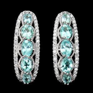 Unheated Oval Neon Blue Apatite 6x4mm Simulated Cz 925 Sterling Silver Earrings