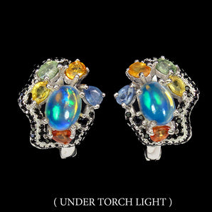 Unheated Oval Fire Opal 8x6mm Black Spinel Sapphire 925 Sterling Silver Earrings