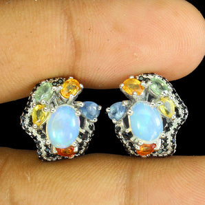 Unheated Oval Fire Opal 8x6mm Black Spinel Sapphire 925 Sterling Silver Earrings