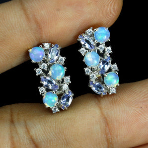 Unheated Round Fire Opal 4mm Tanzanite Simulated Cz 925 Sterling Silver Earrings