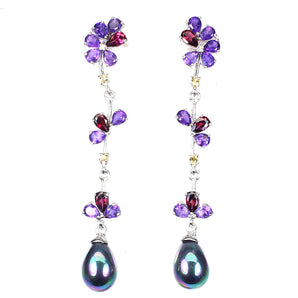 Unheated Pear Amethyst 5x3mm Sapphire Gems Mop 925 Sterling Silver Earrings