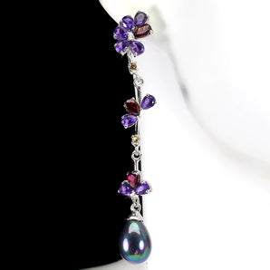 Unheated Pear Amethyst 5x3mm Sapphire Gems Mop 925 Sterling Silver Earrings