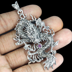 Heated Round Red Ruby 3.5mm Marcasite 925 Sterling Silver Dragon Pendant