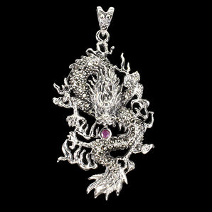 Heated Round Red Ruby 3.5mm Marcasite 925 Sterling Silver Dragon Pendant