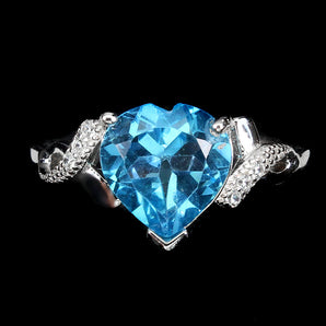 Irradiated Heart Swiss Blue Topaz 9mm Simulated Cz 925 Sterling Silver Ring 9