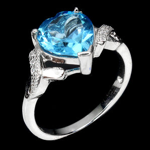 Irradiated Heart Swiss Blue Topaz 9mm Simulated Cz 925 Sterling Silver Ring 9