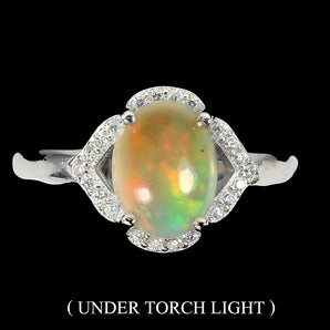 Unheated Oval Fire Opal 9x7mm White Topaz 925 Sterling Silver Ring Size 7