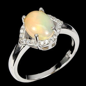 Unheated Oval Fire Opal 9x7mm White Topaz 925 Sterling Silver Ring Size 7