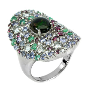 Clarity Enhanced Oval Black Opal 9x7mm Emerald Gems 925 Sterling Silver Ring 8.5