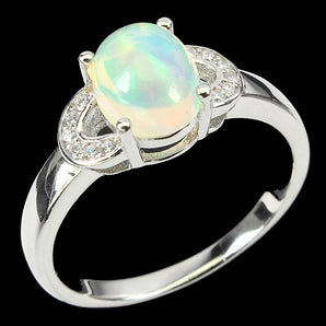 Unheated Oval Fire Opal 9x7mm Simulated Cz 925 Sterling Silver Ring Size 8