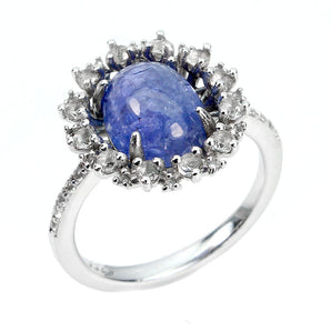 Unheated Oval Blue Tanzanite 9x7mm White Topaz 925 Sterling Silver Ring Size 7