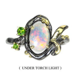 Unheated Oval Fire Opal 8x6mm Chrome Diopside 925 Sterling Silver Ring Size 7