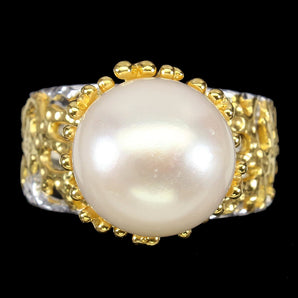Baroque Creamy White Pearl 12.5mm 925 Sterling Silver Ring Size 8