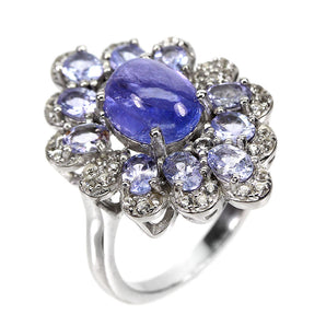 Unheated Oval Blue Tanzanite 9x7mm White Topaz 925 Sterling Silver Ring Size 6