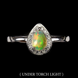 Unheated Pear Fire Opal Rainbow 7x5mm Simulated Cz 925 Sterling Silver Ring 8.5