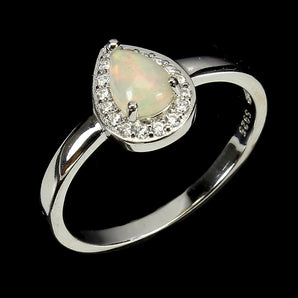 Unheated Pear Fire Opal Rainbow 7x5mm Simulated Cz 925 Sterling Silver Ring 8.5