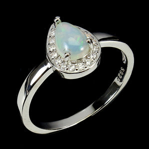 Unheated Pear Fire Opal Rainbow 7x5mm Simulated Cz 925 Sterling Silver Ring Sz 9