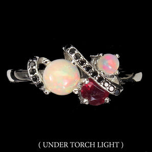 Unheated Round Fire Opal 5mm Black Spinel Ruby 925 Sterling Silver Ring Size 8