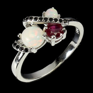 Unheated Round Fire Opal 5mm Black Spinel Ruby 925 Sterling Silver Ring Size 8