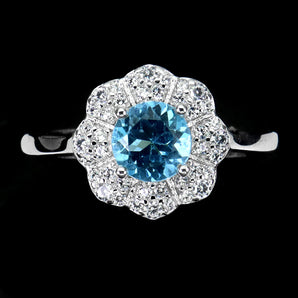 Irradiated Round Sky Blue Topaz 6mm Simulated Cz 925 Sterling Silver Ring 6.5