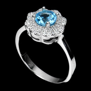 Irradiated Round Sky Blue Topaz 6mm Simulated Cz 925 Sterling Silver Ring 6.5