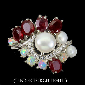 Heated Oval Ruby 5x4mm Fire Opal Pearl Simulated Cz 925 Sterling Silver Ring 8.5