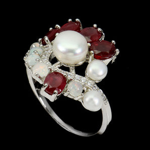 Heated Oval Ruby 5x4mm Fire Opal Pearl Simulated Cz 925 Sterling Silver Ring 8.5