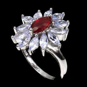 Heated Marquise Red Ruby 8x4mm Tanzanite 925 Sterling Silver Ring Size 7