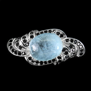 Unheated Oval Blue Aquamarine 10x8mm Black Spinel 925 Sterling Silver Ring Sz 9