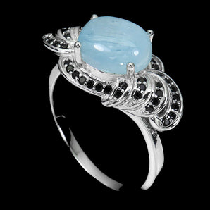 Unheated Oval Blue Aquamarine 10x8mm Black Spinel 925 Sterling Silver Ring Sz 9