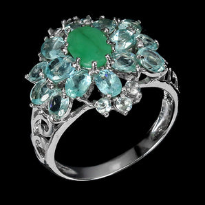 Unheated Oval Green Emerald 7x5mm Aquamarine Zircon 925 Sterling Silver Ring 7.5