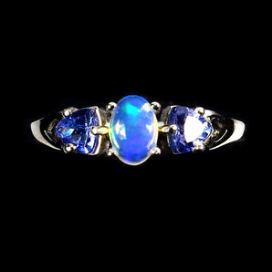 Unheated Oval Fire Opal Rainbow 6x4mm Tanzanite 925 Sterling Silver Ring 7