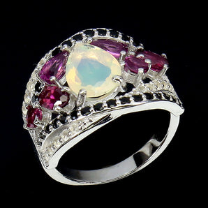 Unheated Pear Fire Opal 9x7mm Black Spinel Gems 925 Sterling Silver Ring Sz 6.5