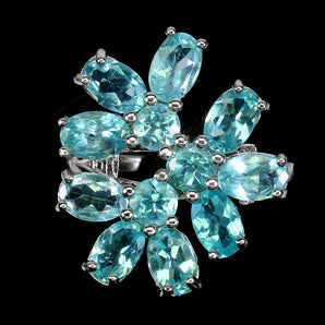 Unheated Oval Blue Apatite 6x4mm White Gold Plate 925 Sterling Silver Ring 8