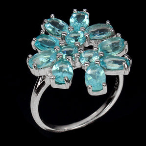 Unheated Oval Blue Apatite 6x4mm White Gold Plate 925 Sterling Silver Ring 8