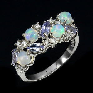 Unheated Round Fire Opal 4mm Tanzanite Simulated Cz 925 Sterling Silver Ring 7