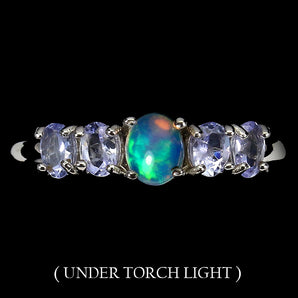 Unheated Oval Fire Opal Rainbow 5x4mm Tanzanite 925 Sterling Silver Ring Size 7