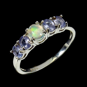 Unheated Oval Fire Opal Rainbow 5x4mm Tanzanite 925 Sterling Silver Ring Size 7