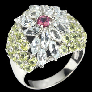 Unheated Marquise Aquamarine 5x2.5mm Peridot Rhodolite 925 Sterling Silver Ring